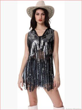 Sleeveless Open Front Fringe Sequin Vest Jacket Sparkly Tassel